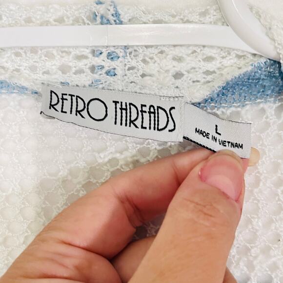 Retro Threads Cardigan Sweater Womens Large Blue White Open Knit Long Sleeves - Picture 6 of 13